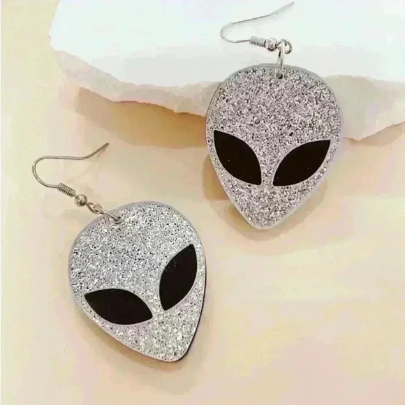 Holographic Glitter Alien Earrings, Weirdcore Retro Space Party Festival Jewelry - Picture 4 of 11